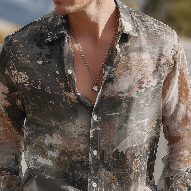 Justin | Men'S Summer Fashion Casual Chiffon Slightly Transparent Sexy Art Print Long Sleeve Shirt - Image 4