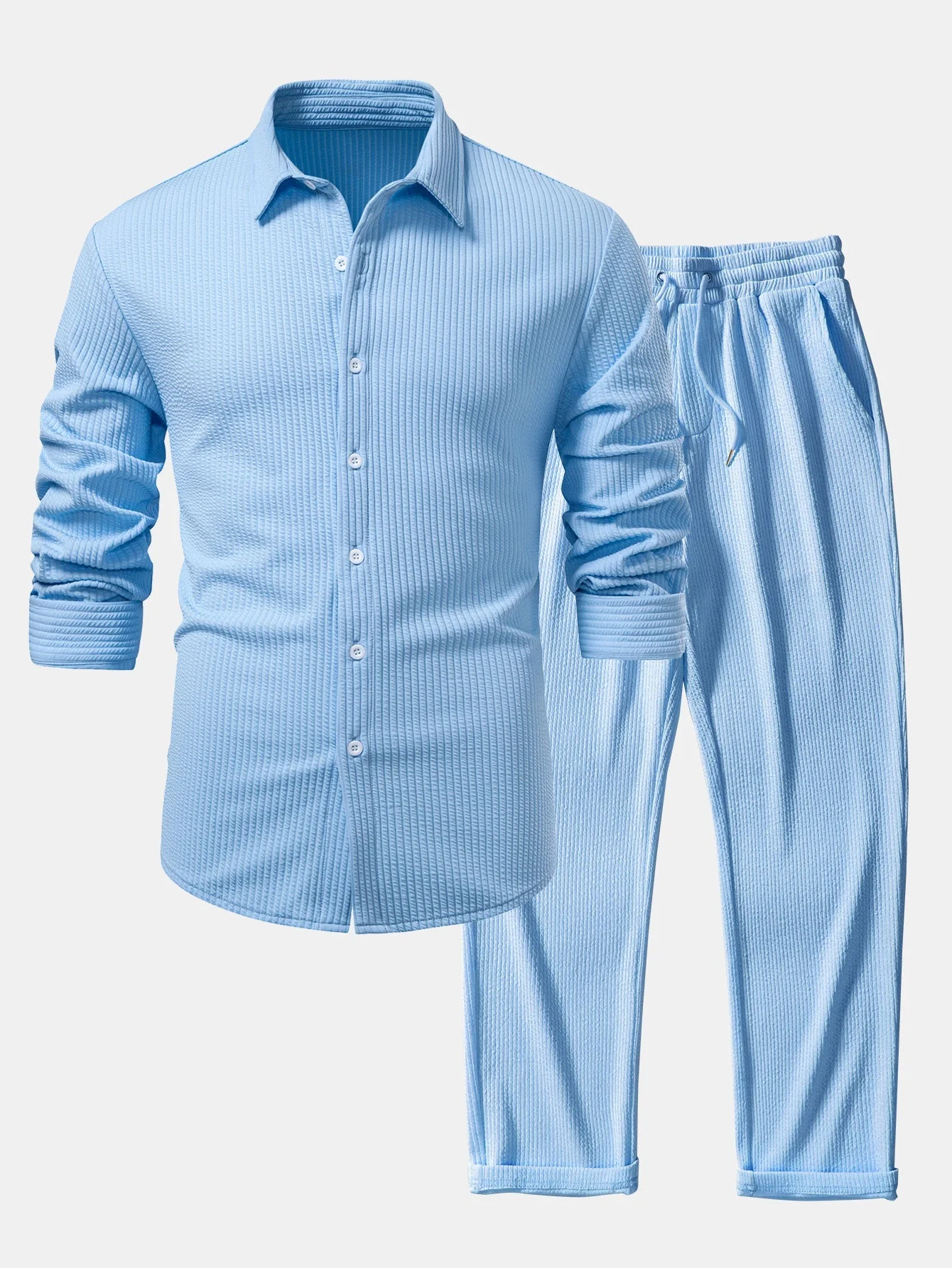 Justino® | Long Sleeve Muscle Fit Ribbed Button Up Shirt & Straight Leg Ribbed Pants - Image 2