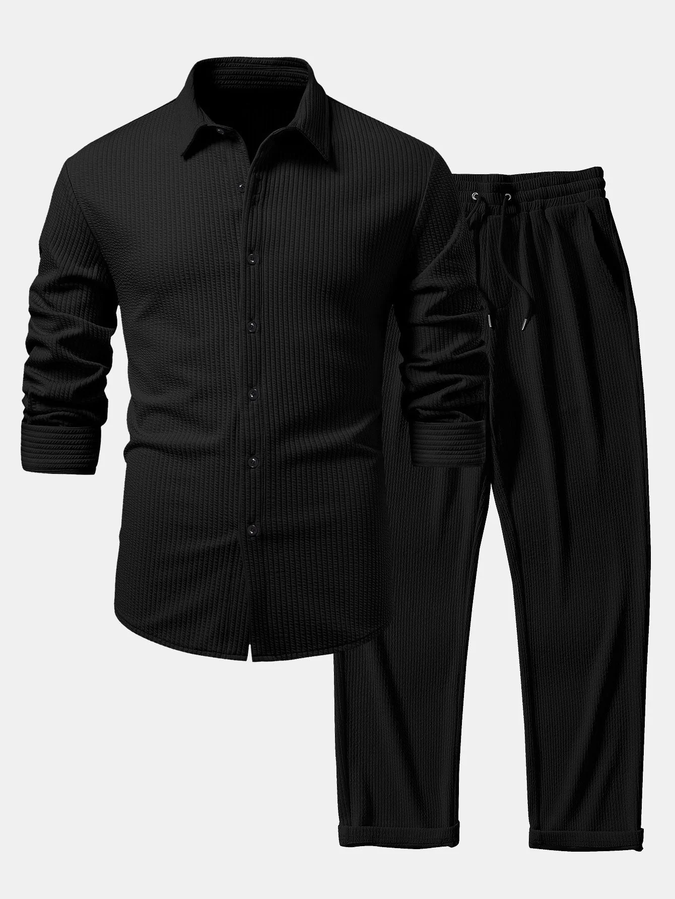 Justino® | Long Sleeve Muscle Fit Ribbed Button Up Shirt & Straight Leg Ribbed Pants - Image 3