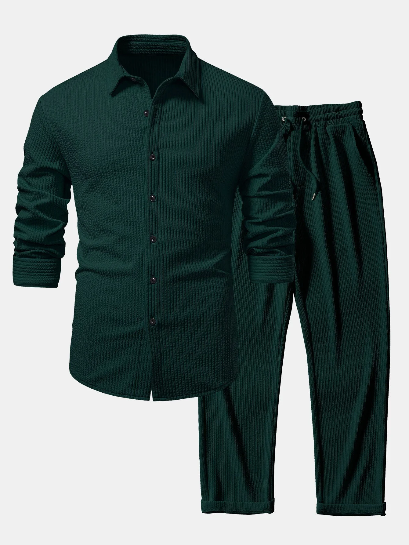 Justino® | Long Sleeve Muscle Fit Ribbed Button Up Shirt & Straight Leg Ribbed Pants - Image 4