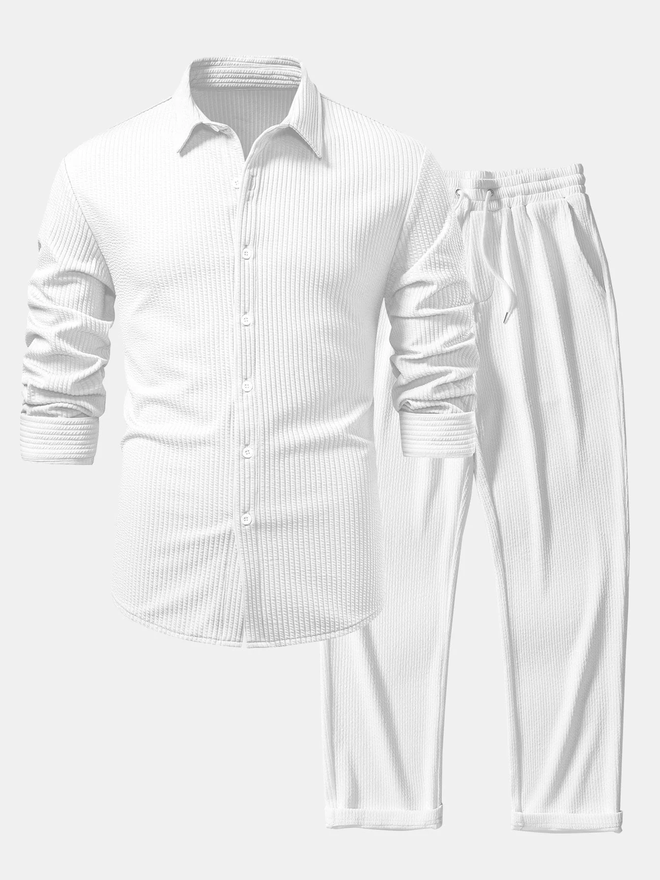 Justino® | Long Sleeve Muscle Fit Ribbed Button Up Shirt & Straight Leg Ribbed Pants - Image 5