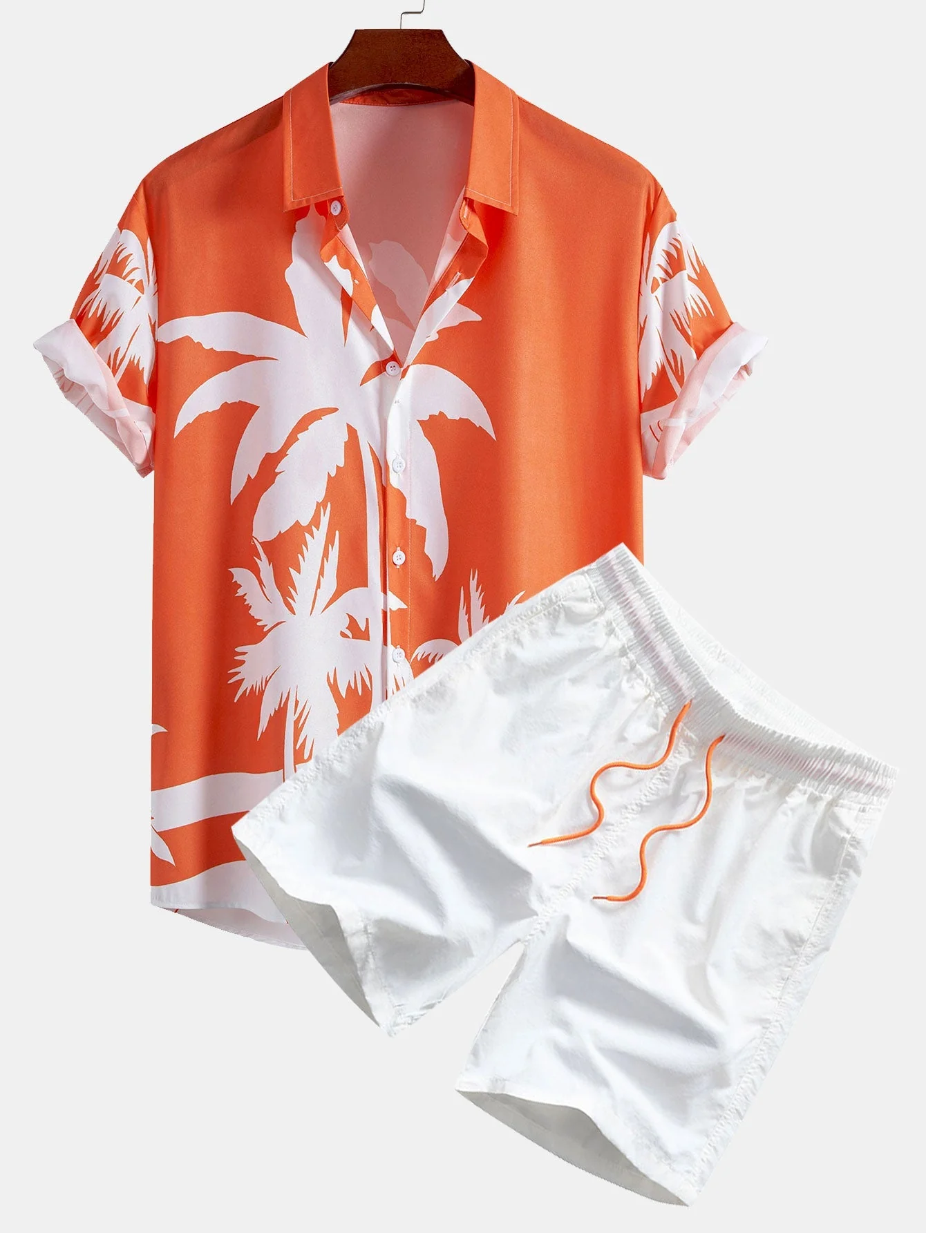 Justino® | Palm Tree Print Button Up Shirt & Man Mid Length Drawstring Swim Shorts - Image 2