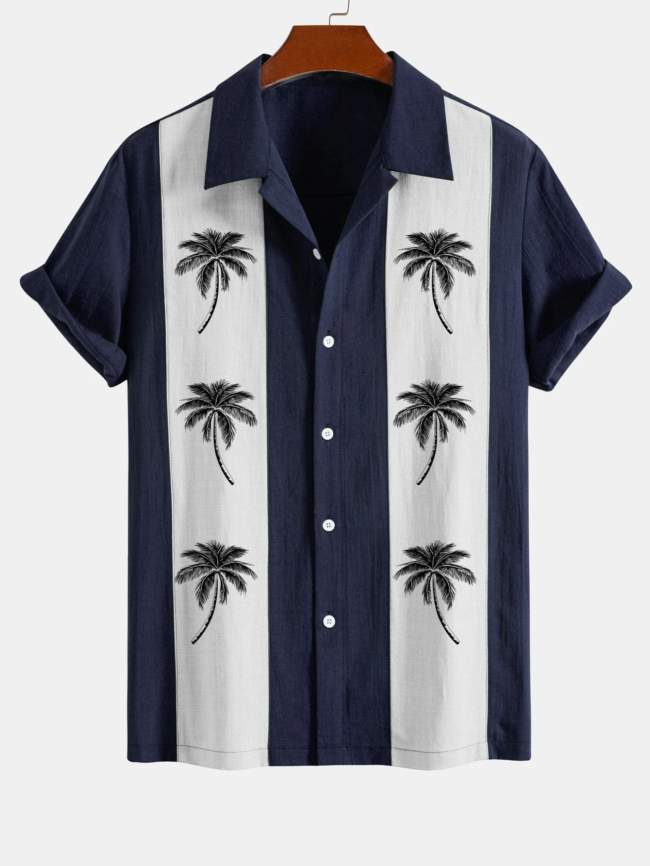 Juvenal® | Palm Tree Print Linen Look Patchwork Bowling Shirt - Image 3
