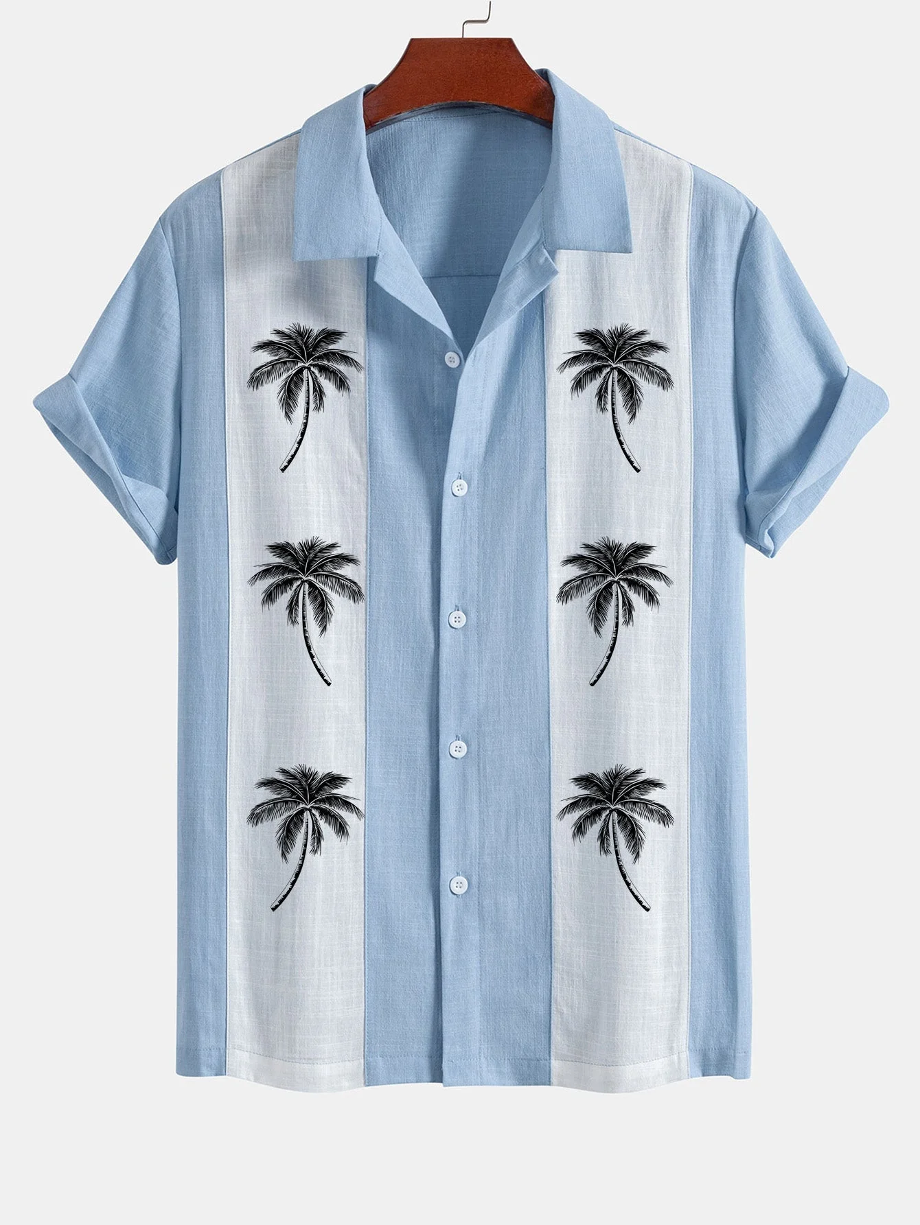 Juvenal® | Palm Tree Print Linen Look Patchwork Bowling Shirt - Image 5