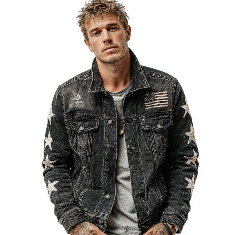 Karl | Men'S Washed Vintage Star Print Denim Jacket - Image 2