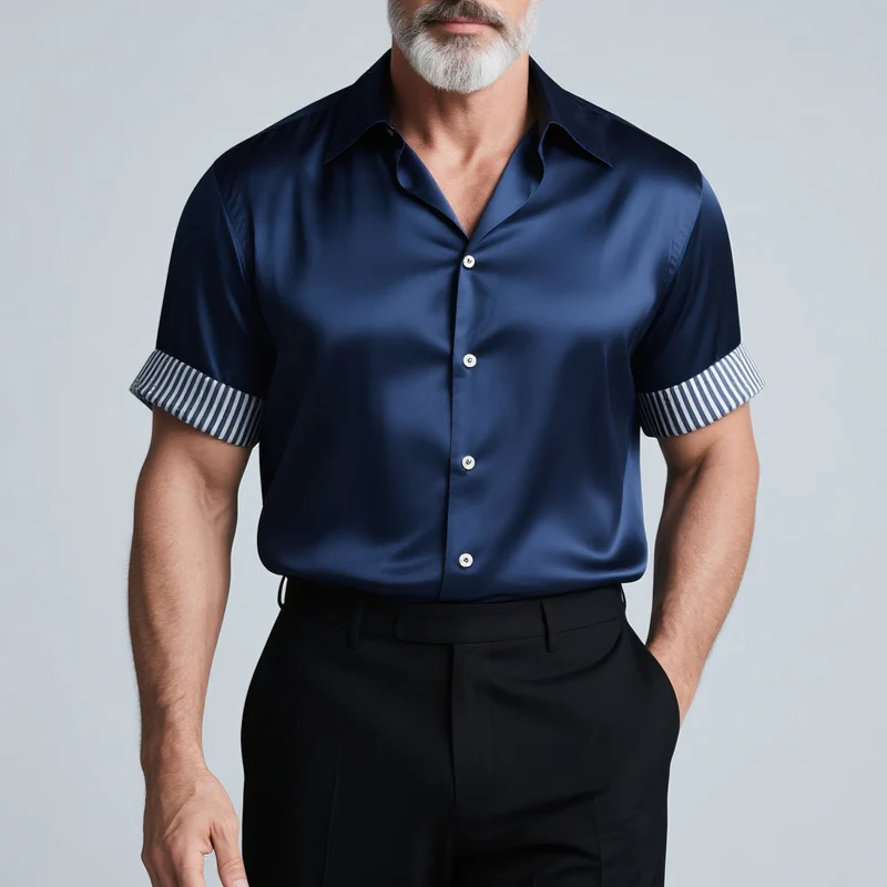 Keith | Men'S Striped Rolled Short Sleeve Lapel Satin Shirt - Image 2