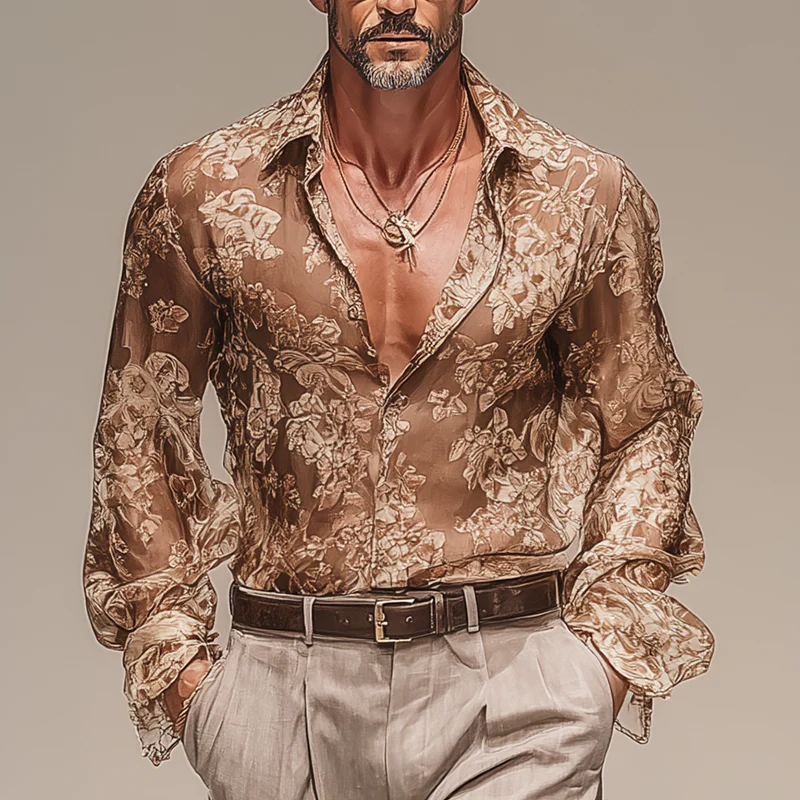 Ken | Men'S Vintage Printed Chiffon Long Sleeve Shirt - Image 2