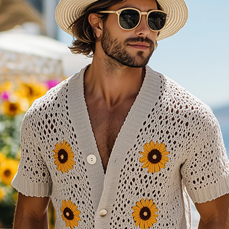 Kendall | Men'S Spring And Summer Fashion Casual Vacation Style Knitted Hollow Flower Short-Sleeved Shirt - Image 4