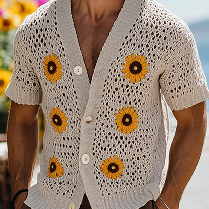 Kendall | Men'S Spring And Summer Fashion Casual Vacation Style Knitted Hollow Flower Short-Sleeved Shirt - Image 5