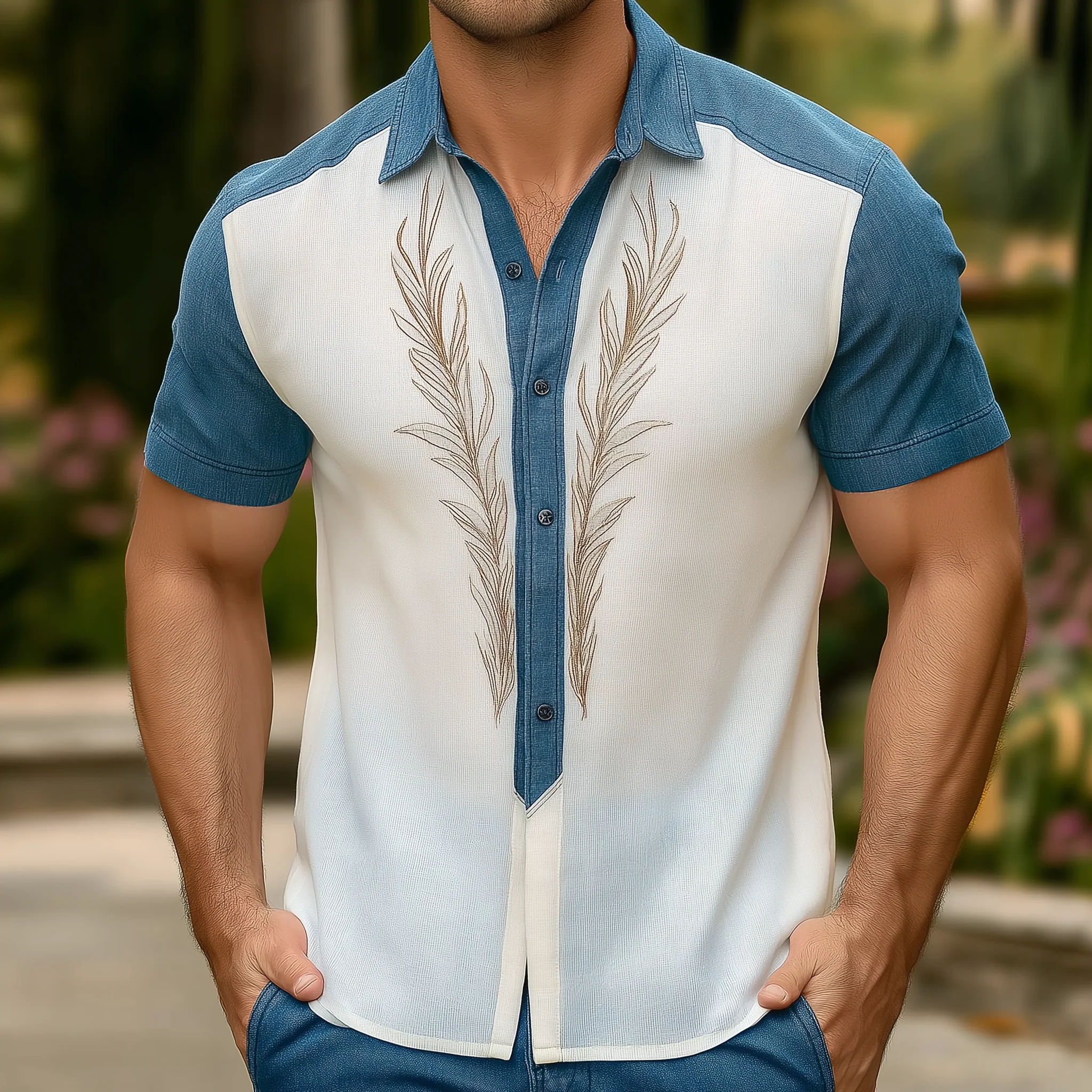 Kendall | Men'S Summer Fashion Patchwork Knitted Embroidery Short Sleeve Shirt - Image 2