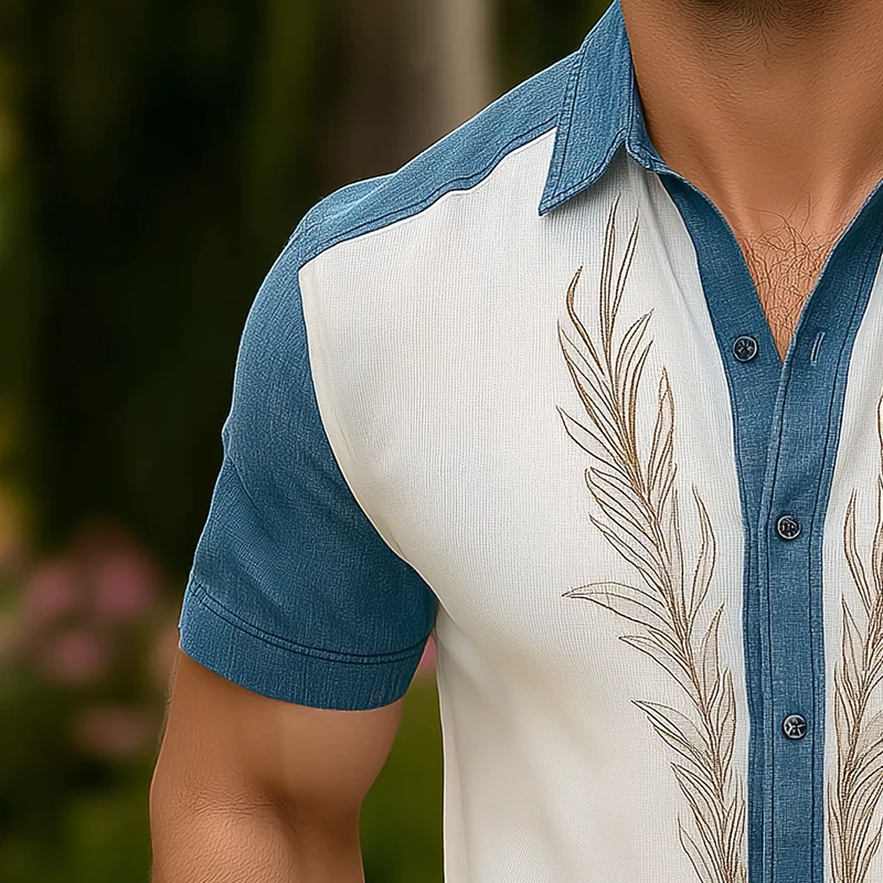 Kendall | Men'S Summer Fashion Patchwork Knitted Embroidery Short Sleeve Shirt - Image 3