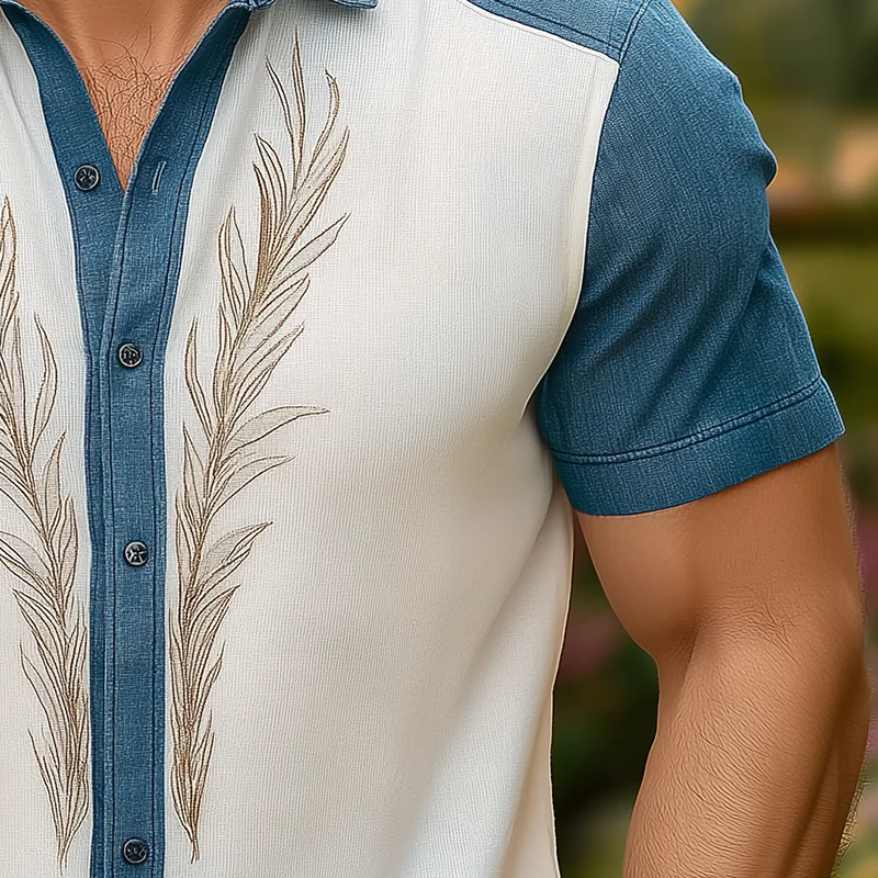 Kendall | Men'S Summer Fashion Patchwork Knitted Embroidery Short Sleeve Shirt - Image 4