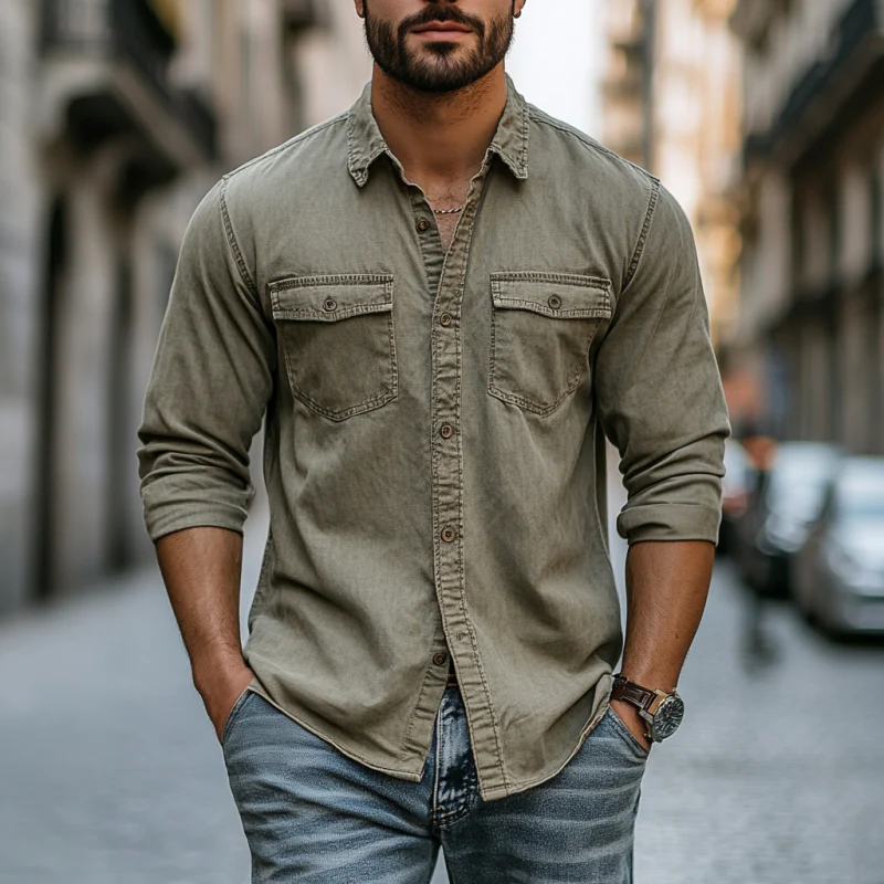 Kendall | Men'S Vintage Distressed Washed Cotton Lapel Chest Pocket Slim Fit Long Sleeve Work Shirt - Image 2