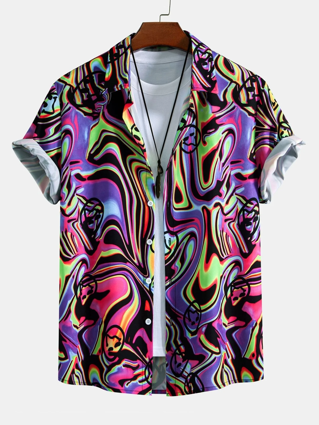 Kendrick® | Colorful Fluid Smiley Print Button Up Shirt & Shorts - Image 2