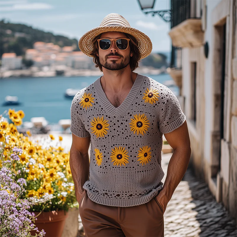 Kent | Men'S Spring And Summer Fashion Leisure Vacation Style Knitted Hollow Flower V-Neck Short-Sleeved T-Shirt - Image 3