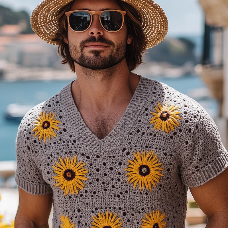 Kent | Men'S Spring And Summer Fashion Leisure Vacation Style Knitted Hollow Flower V-Neck Short-Sleeved T-Shirt - Image 4