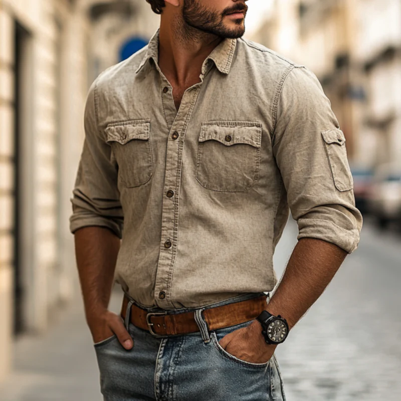 Kent | Men'S Vintage Distressed Washed Cotton Lapel Multi-Pocket Slim Fit Long Sleeve Work Shirt - Image 2