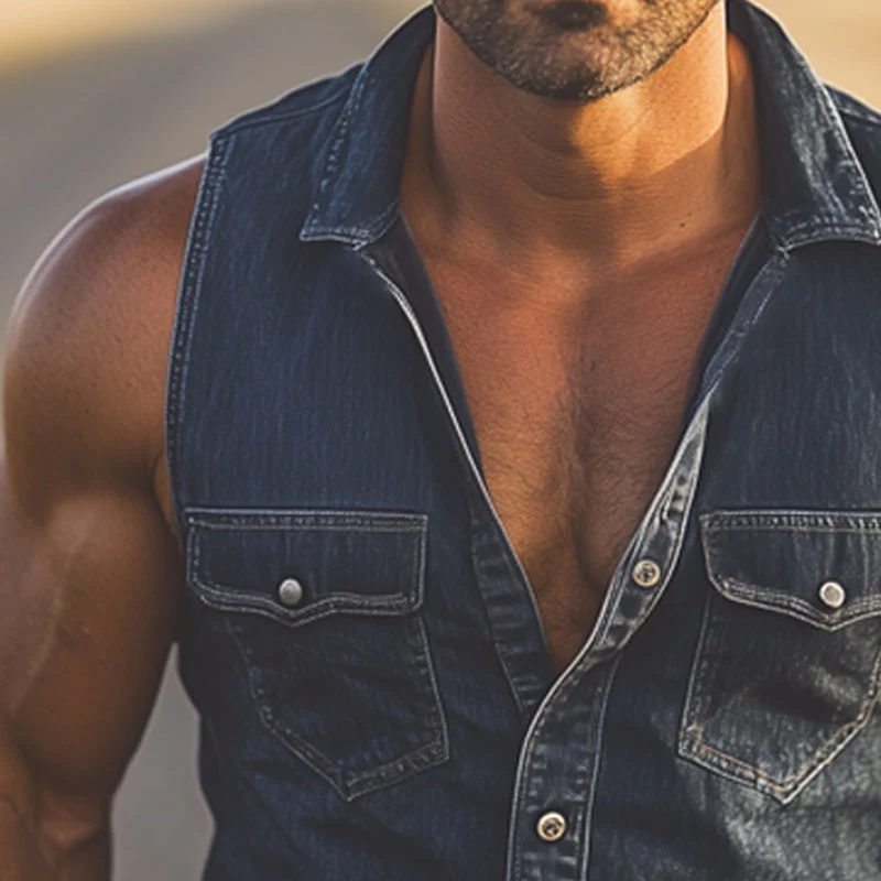 Kirk | Men'S Summer Western Cowboy Style Vintage Denim Sleeveless Shirt - Image 3
