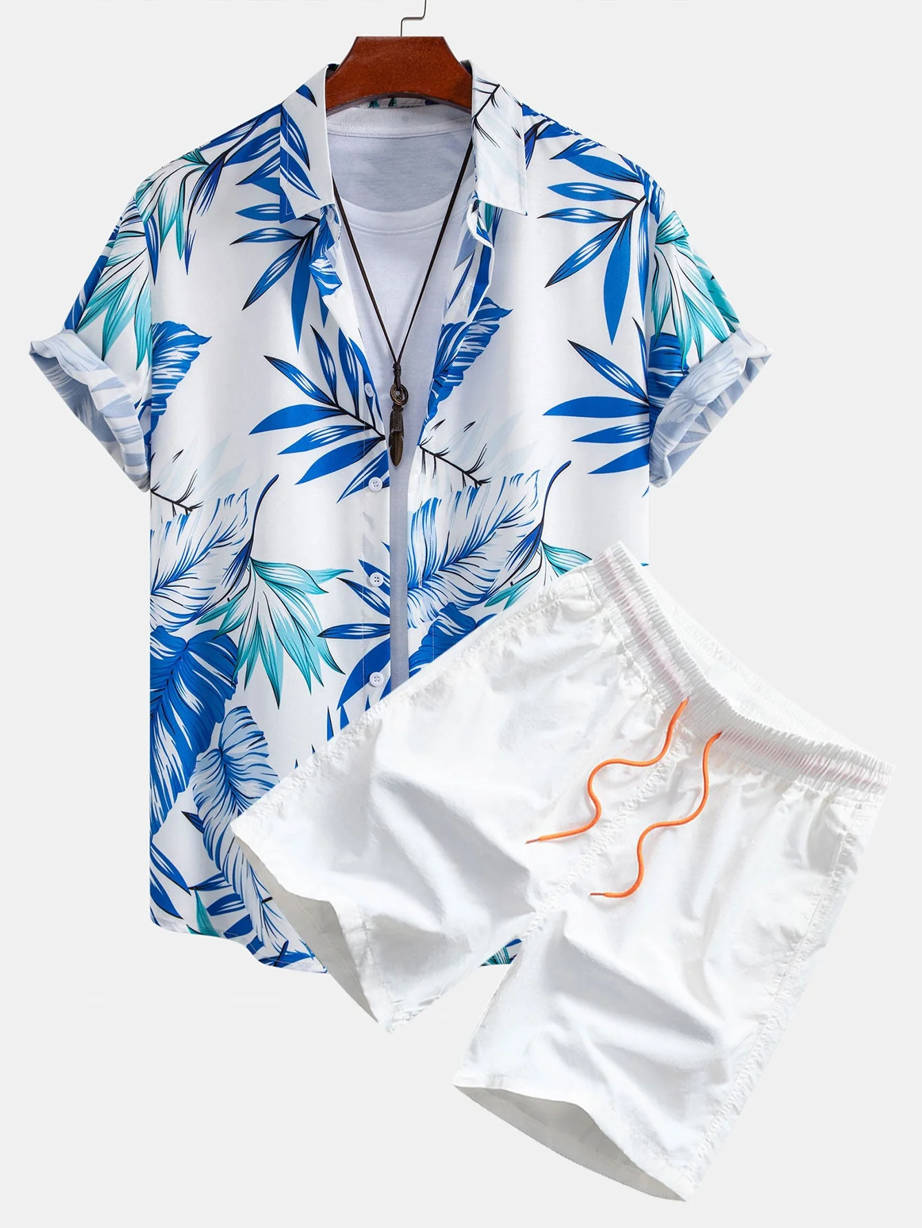 Klaus® | Tropical Leaves Print Button Up Shirt & Man Mid Length Drawstring Swim Shorts - Image 2