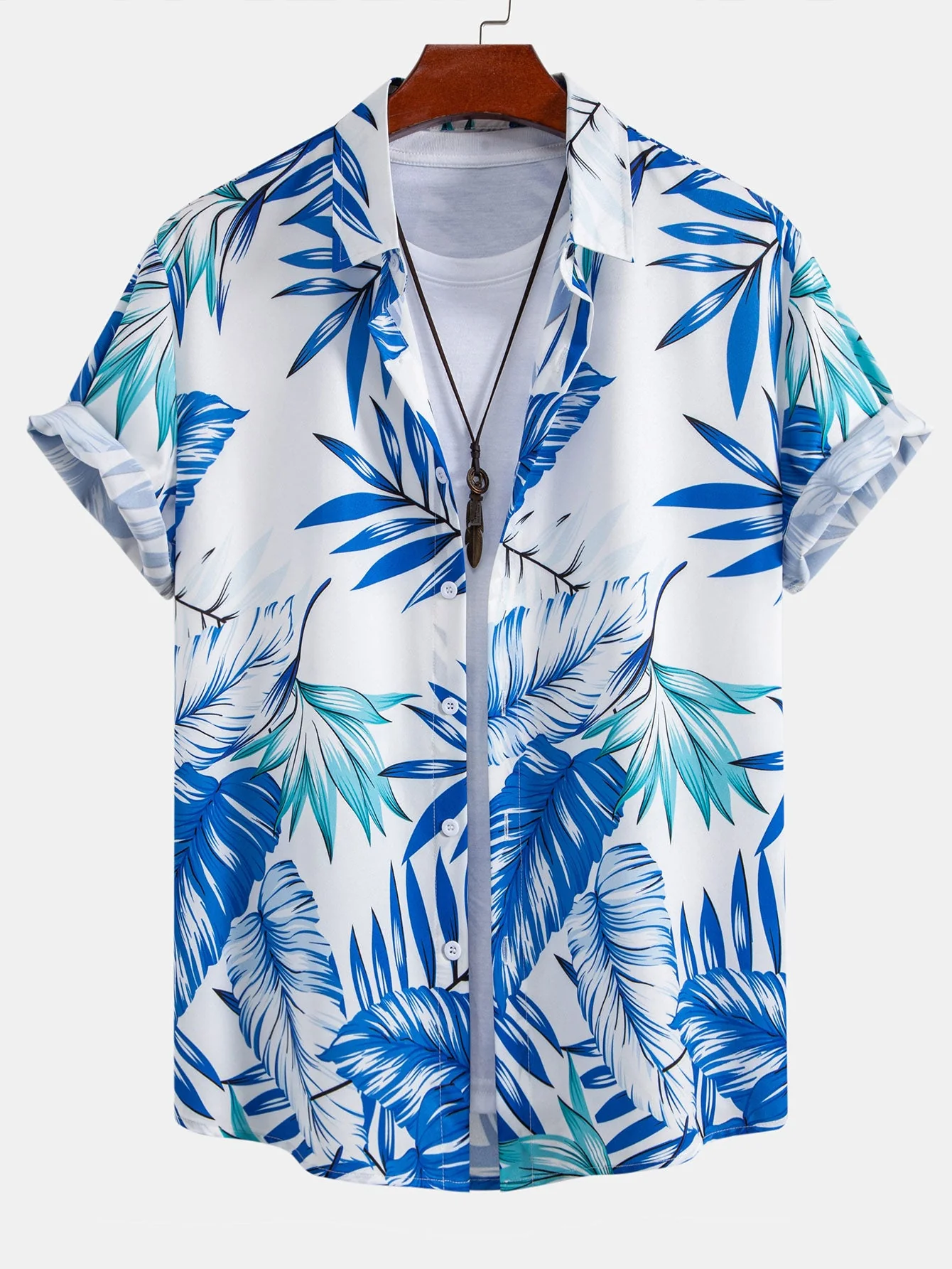 Klaus® | Tropical Leaves Print Button Up Shirt & Man Mid Length Drawstring Swim Shorts - Image 3