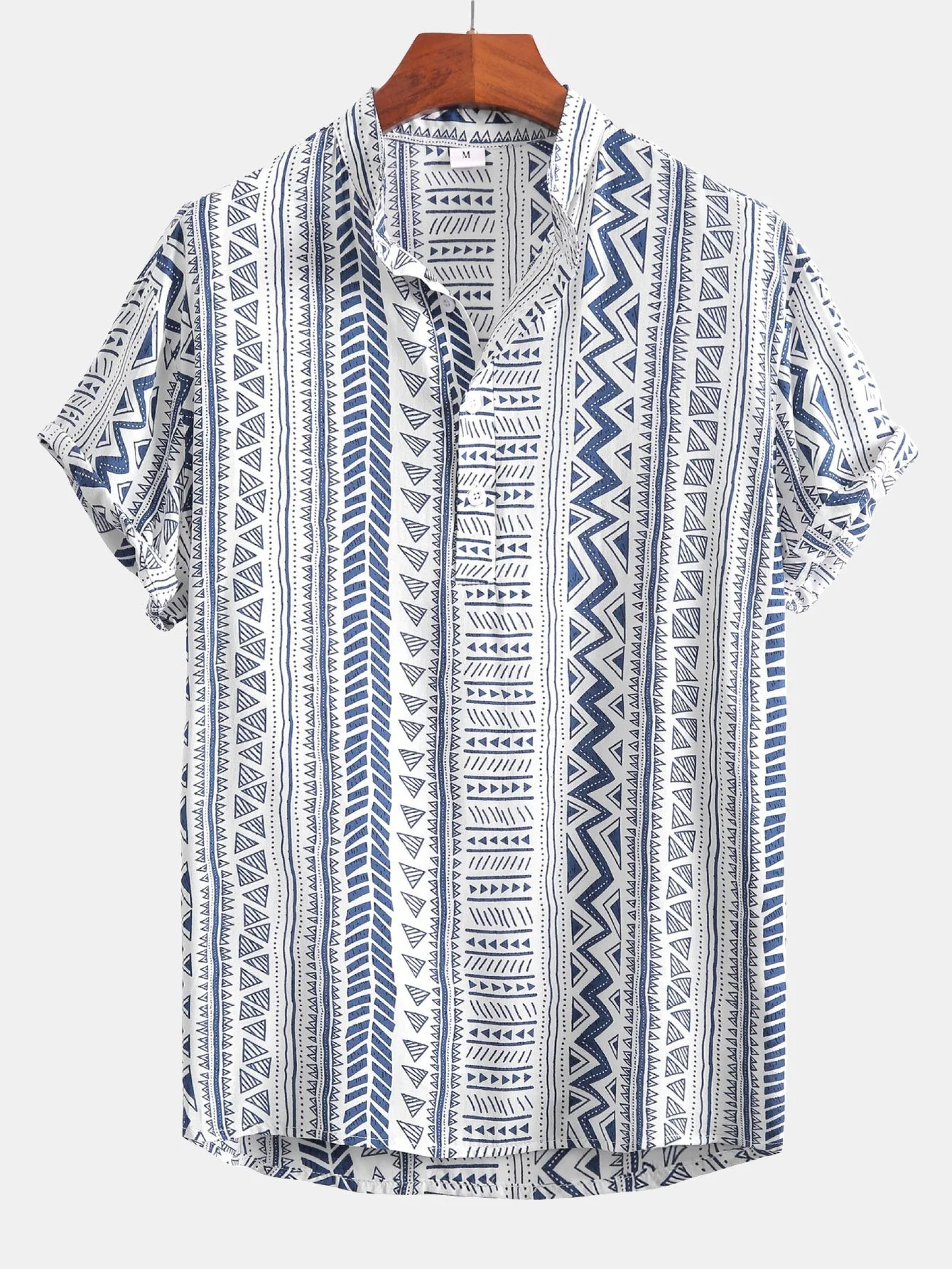 Kolby® | Tribal Geometric Print Half Placket Henley Collar Shirt - Image 3
