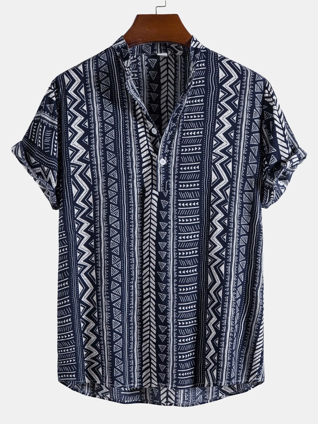 Kolby® | Tribal Geometric Print Half Placket Henley Collar Shirt - Image 5