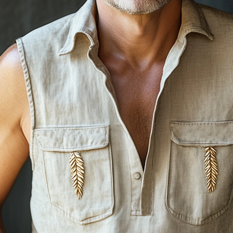 Kurt | Men'S Summer Wheat Ear Embroidery Cotton And Linen Polo Neck Tank Top - Image 3