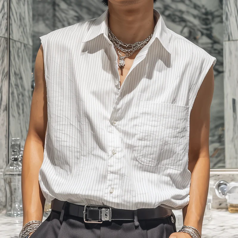 Lamar | Men'S Casual Breathable Cotton Striped Lapel Patch Pocket Loose Sleeveless Shirt - Image 3