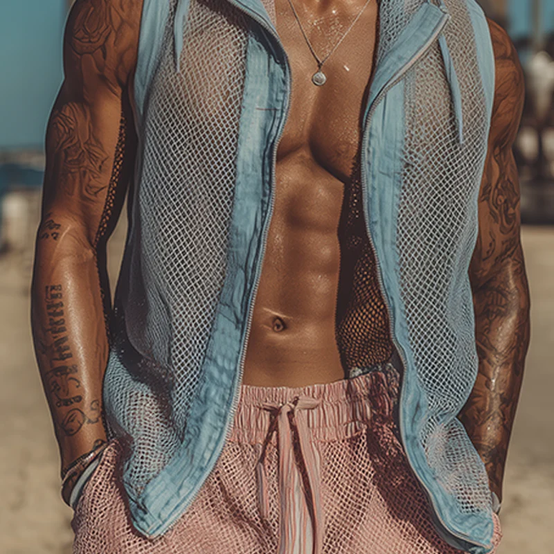 Lamar | Men'S Spring And Summer Fashion Casual Mesh Fabric Splicing Cotton And Linen Slightly Transparent Sexy Hooded Sleeveless Shirt - Image 5
