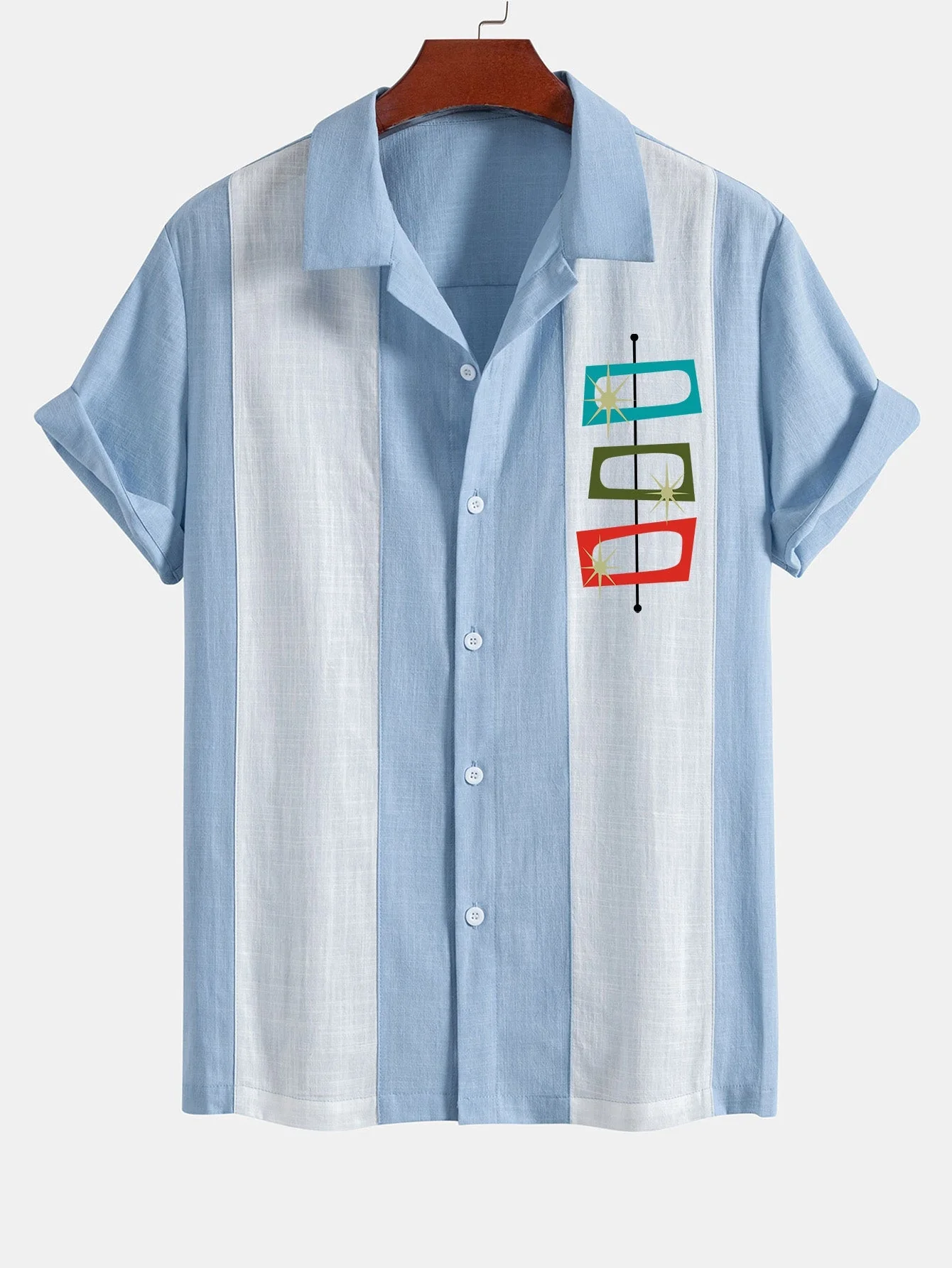 Lamberto® | Atomic Print Linen Look Patchwork Bowling Shirt