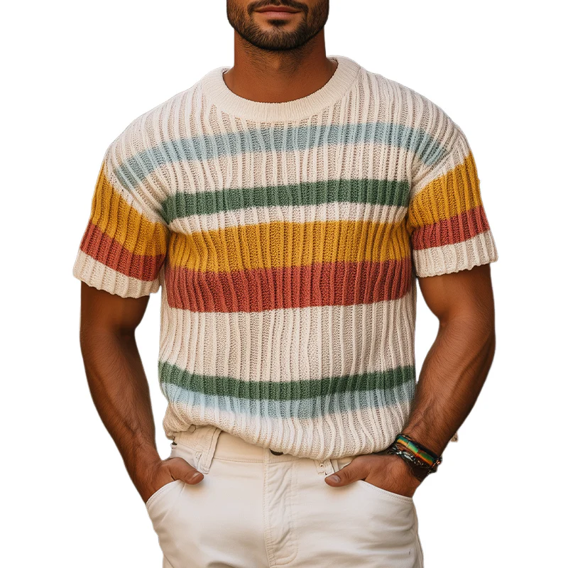 Lance | Men'S Spring And Summer Fashion Casual Round Neck Colorful Horizontal Stripes Knitted Texture Short-Sleeved T-Shirt