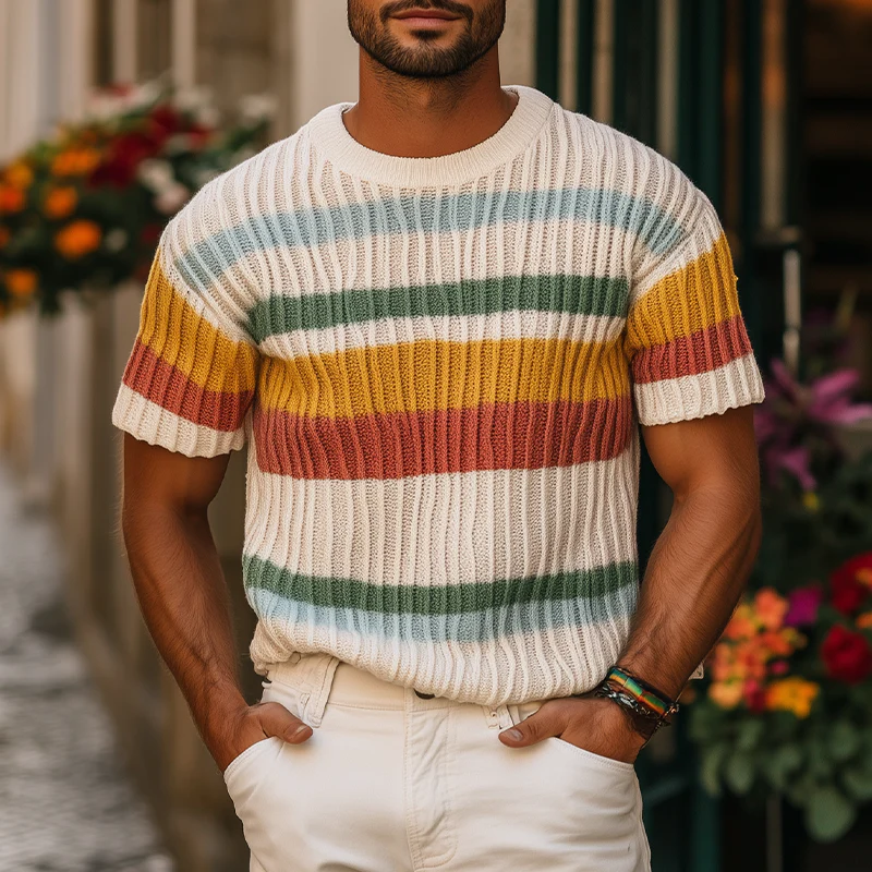 Lance | Men'S Spring And Summer Fashion Casual Round Neck Colorful Horizontal Stripes Knitted Texture Short-Sleeved T-Shirt - Image 2