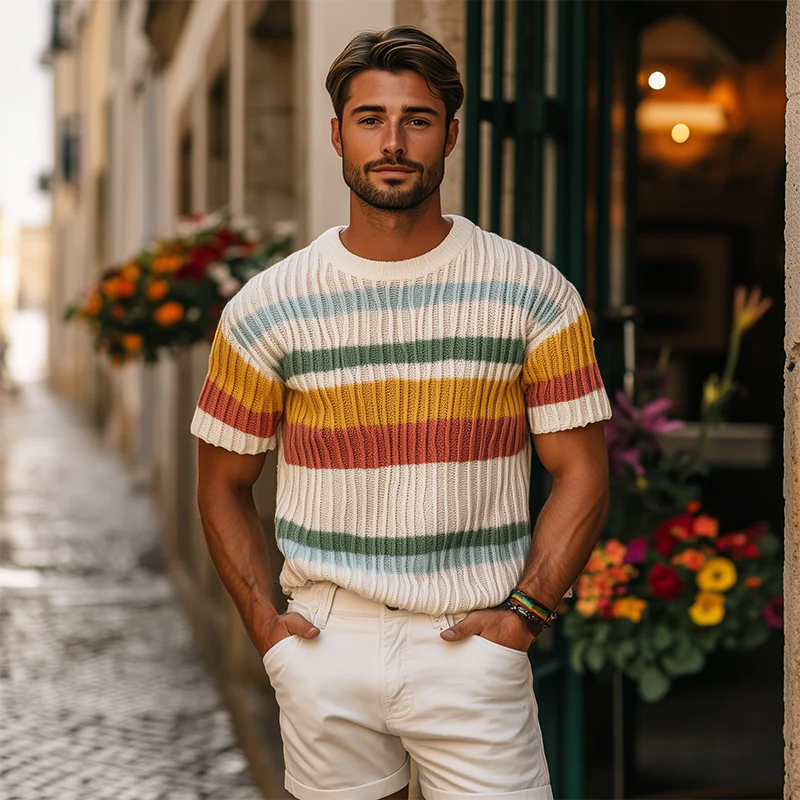 Lance | Men'S Spring And Summer Fashion Casual Round Neck Colorful Horizontal Stripes Knitted Texture Short-Sleeved T-Shirt - Image 3