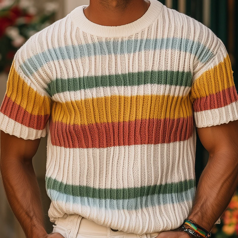 Lance | Men'S Spring And Summer Fashion Casual Round Neck Colorful Horizontal Stripes Knitted Texture Short-Sleeved T-Shirt - Image 4