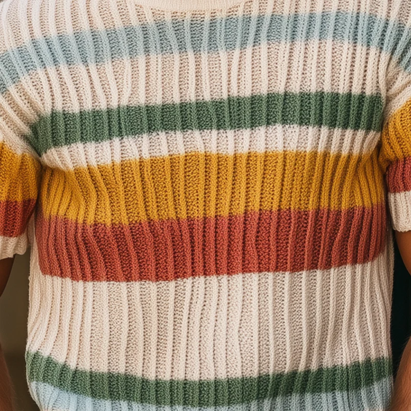 Lance | Men'S Spring And Summer Fashion Casual Round Neck Colorful Horizontal Stripes Knitted Texture Short-Sleeved T-Shirt - Image 5