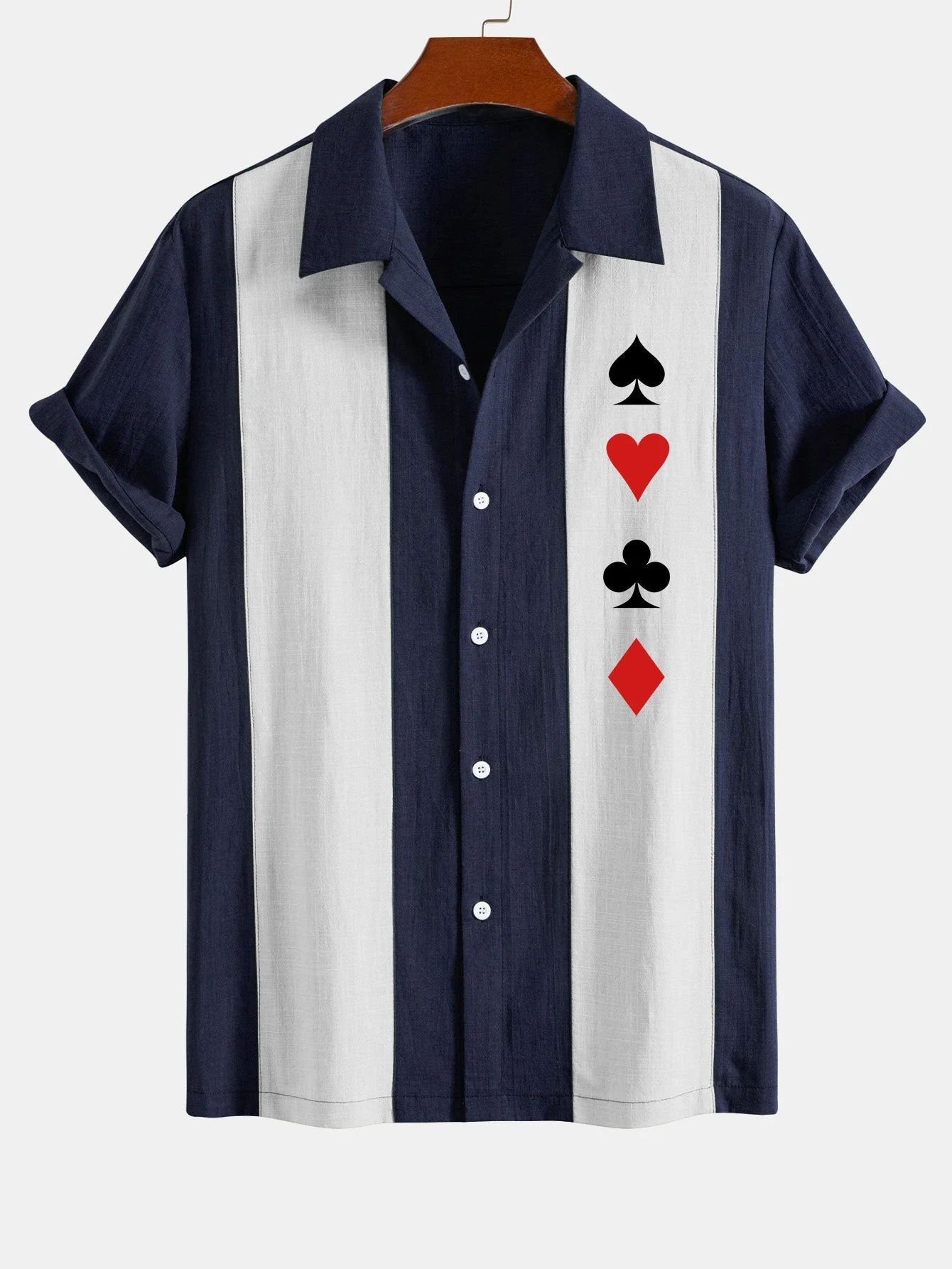Laudelino® | Poker Print Linen Look Patchwork Bowling Shirt - Image 3