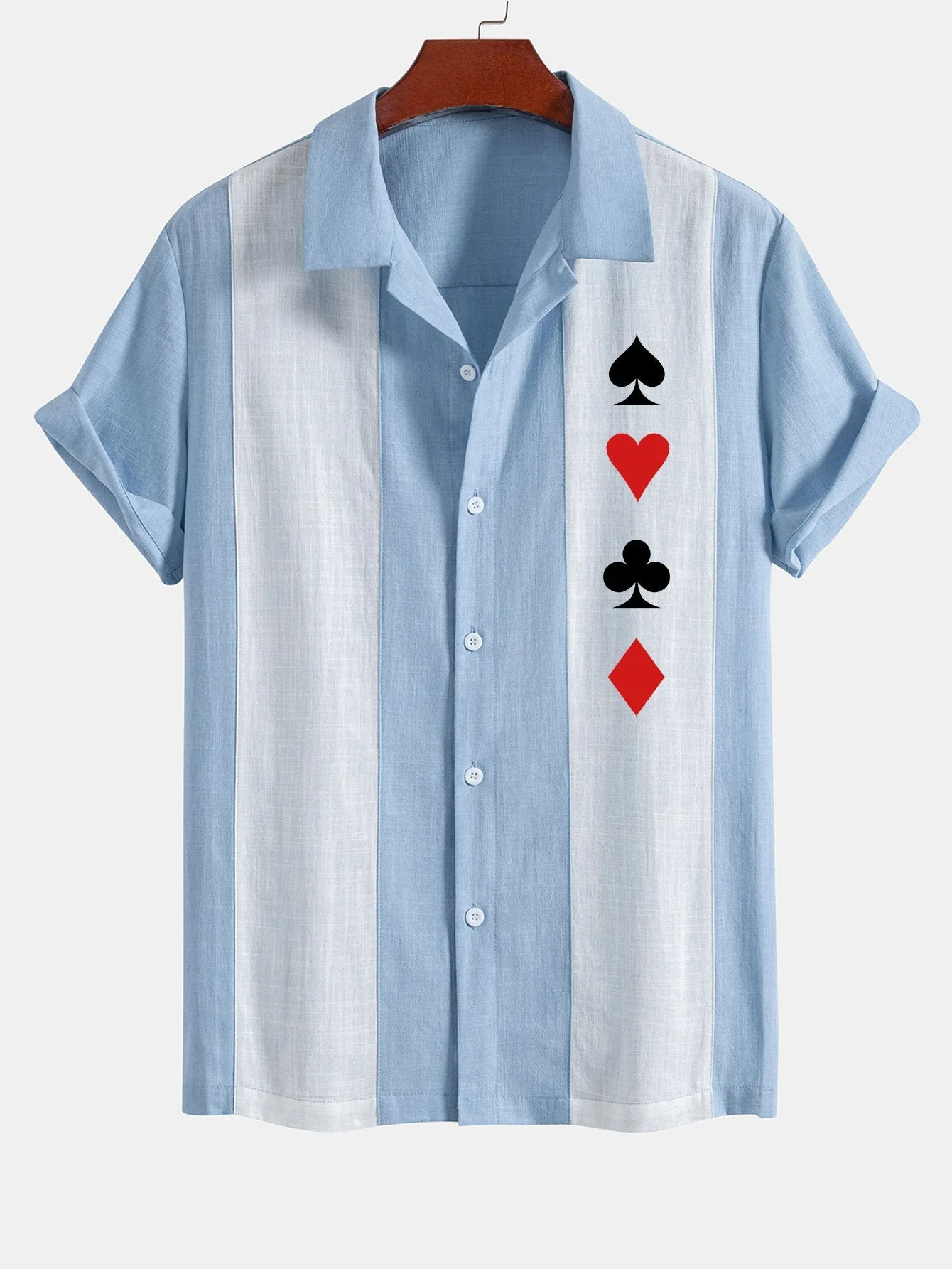 Laudelino® | Poker Print Linen Look Patchwork Bowling Shirt - Image 5