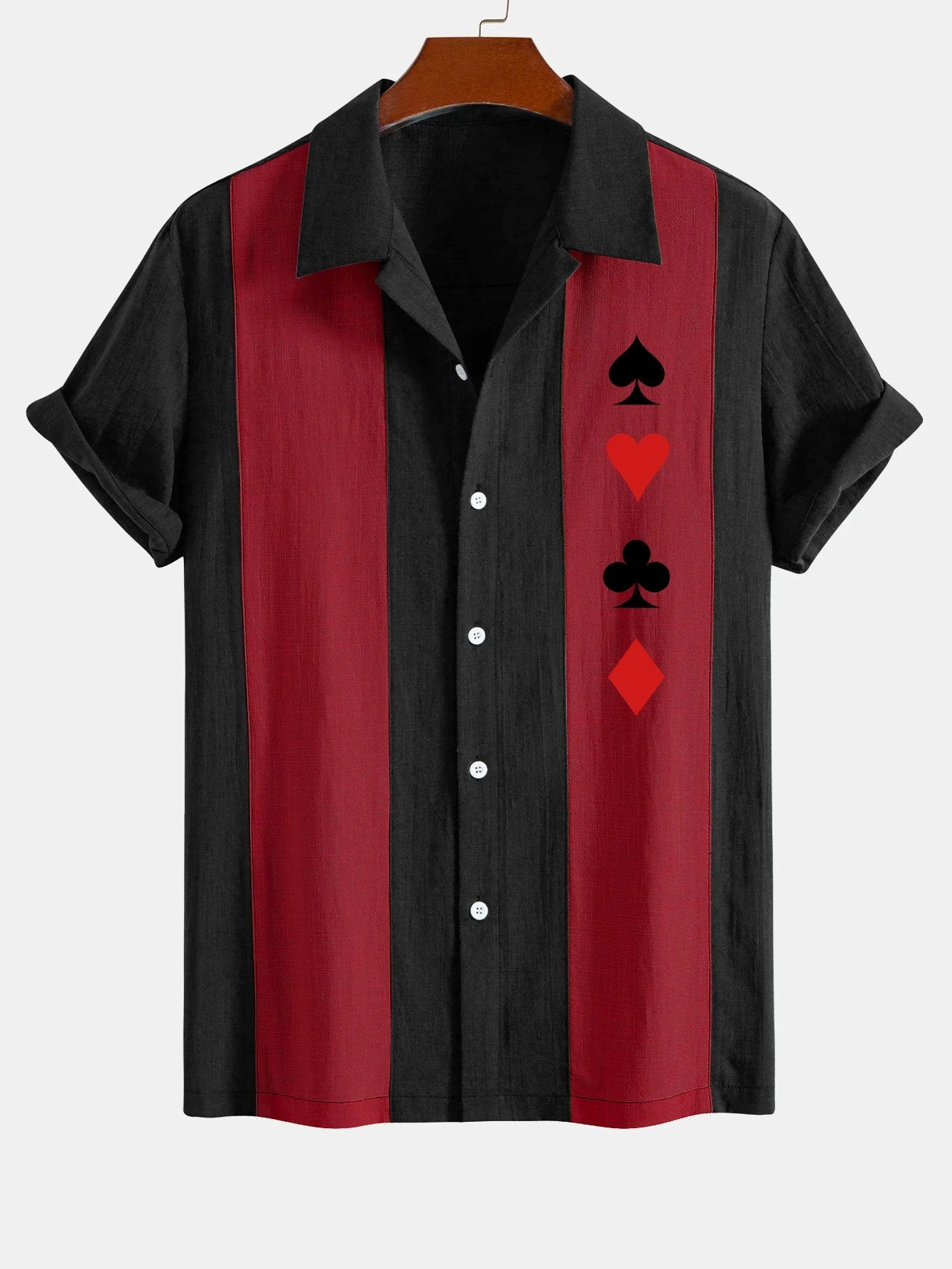 Laudelino® | Poker Print Linen Look Patchwork Bowling Shirt - Image 7