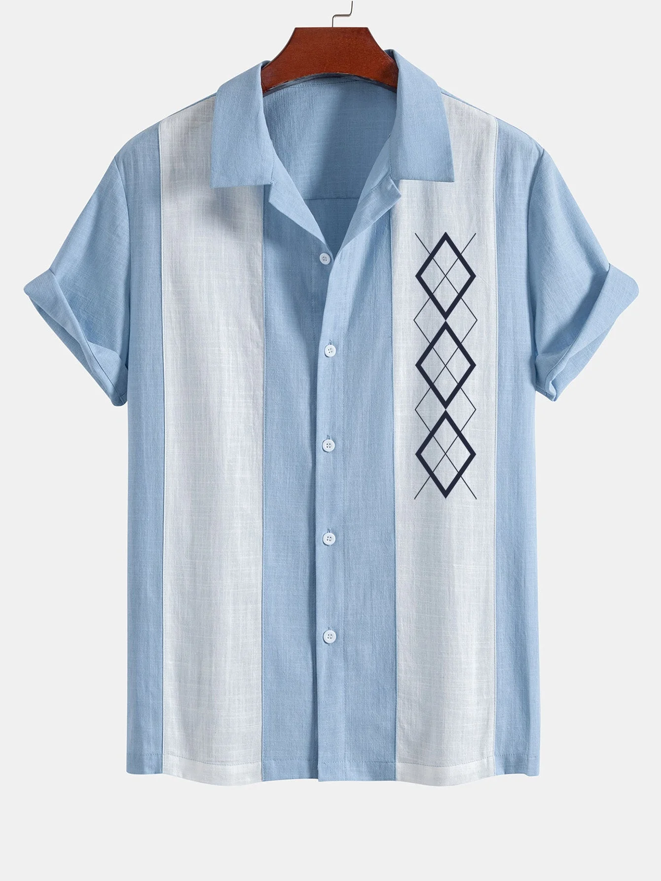Laureano® | Geometric Rhombus Print Linen Look Patchwork Bowling Shirt - Image 5