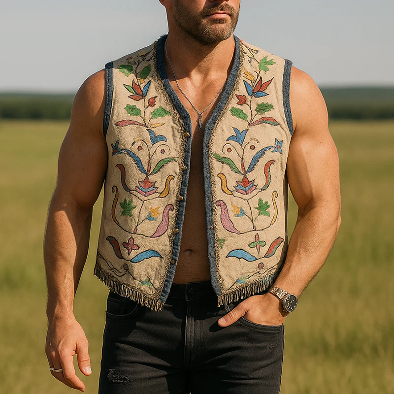 Lawrence | Men'S Summer Fashion Embroidered Faux Suede Tassel Sleeveless Vest - Image 2