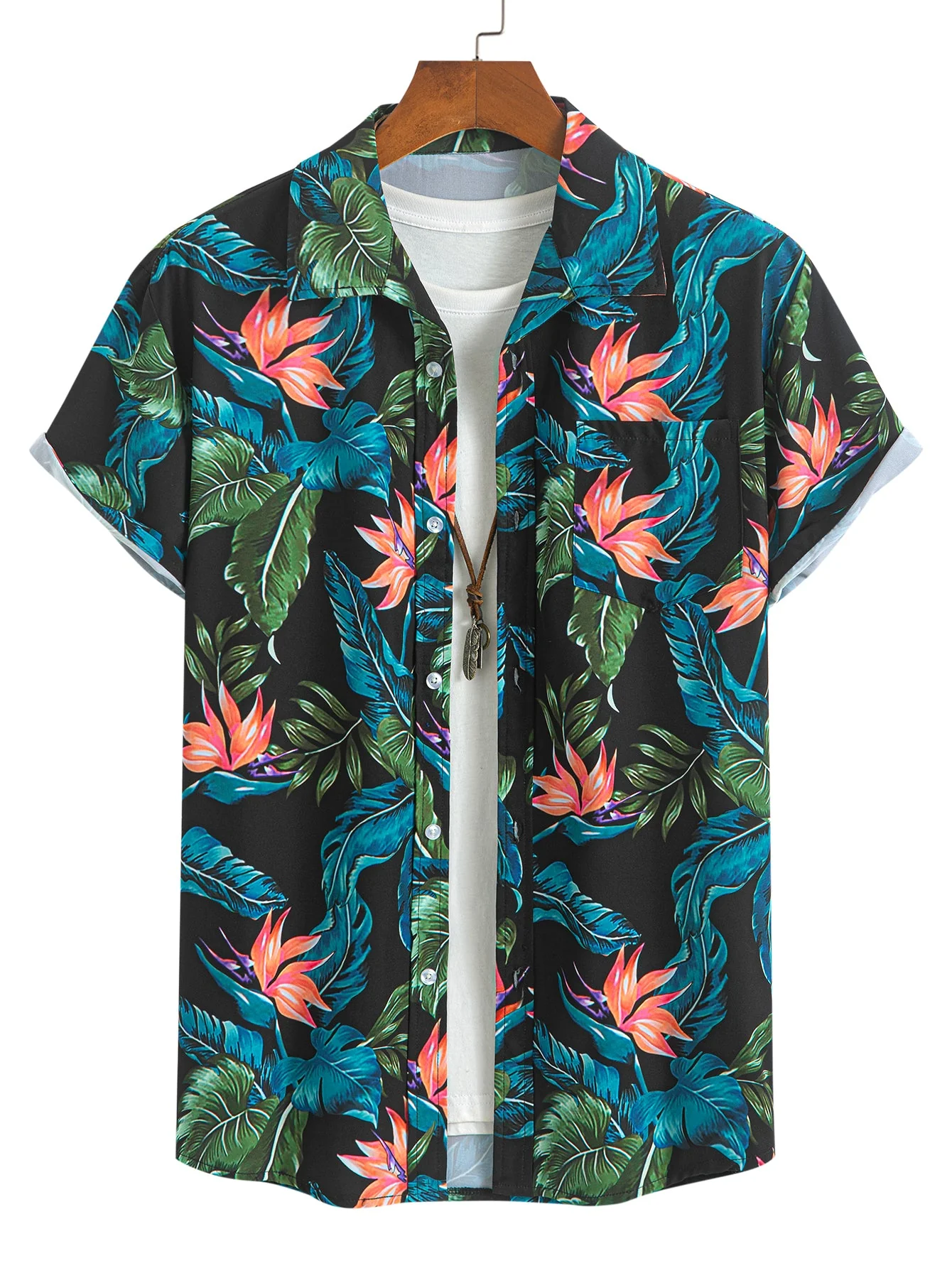 Layton® | Tropical Plants Print Button Up Shirt & Drawstring Swim Shorts - Image 2