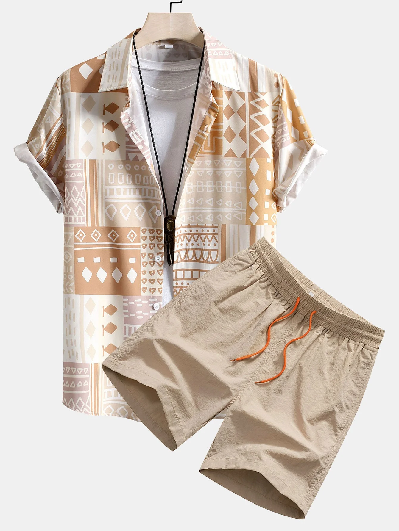 Lazar® | Tribal Geometric Patchwork Print Button Up Shirt & Swim Shorts