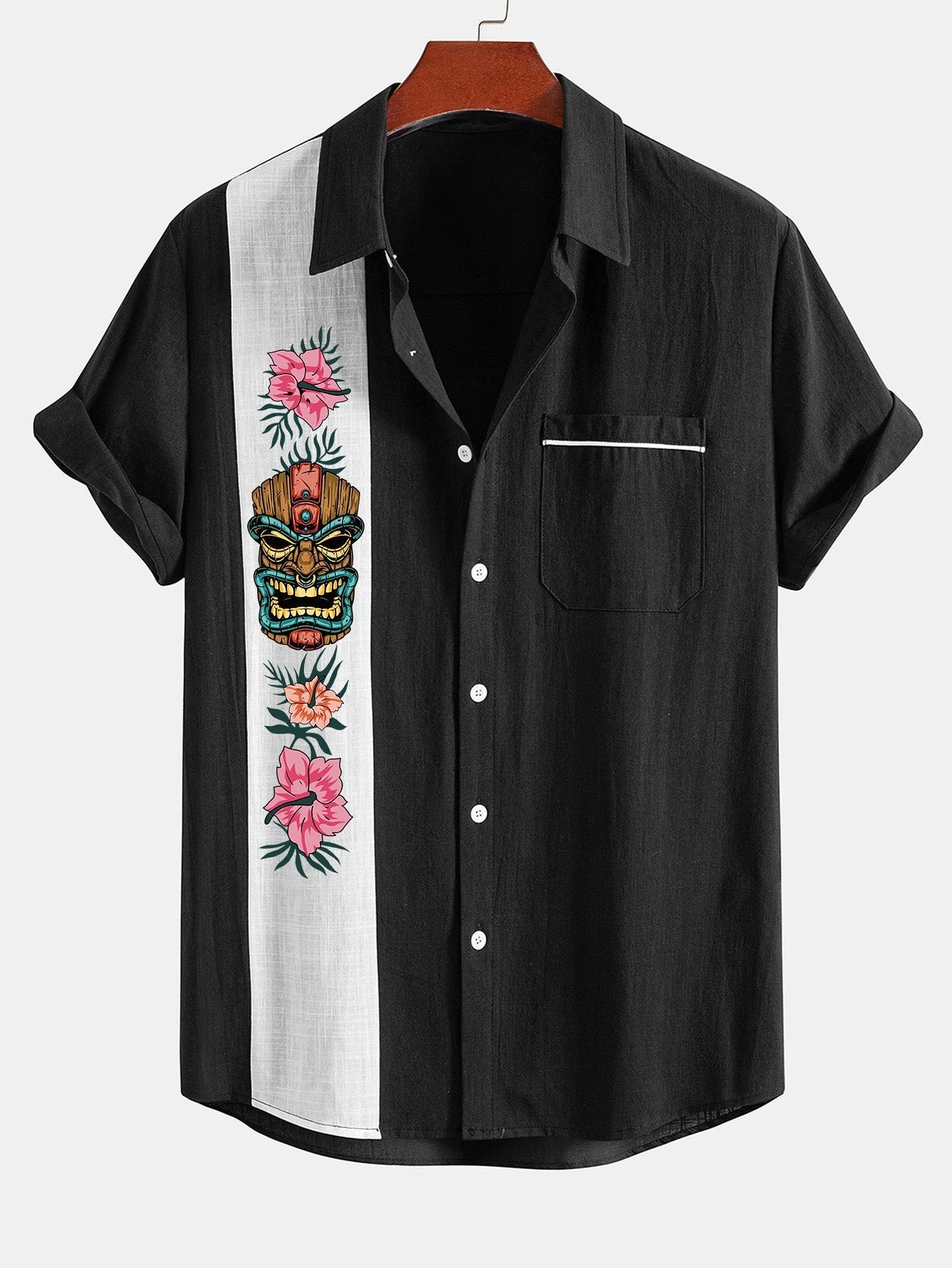 Lázaro® | Tiki Tribe Hawaii Print Linen Look Contrast Button Up Shirt - Image 5