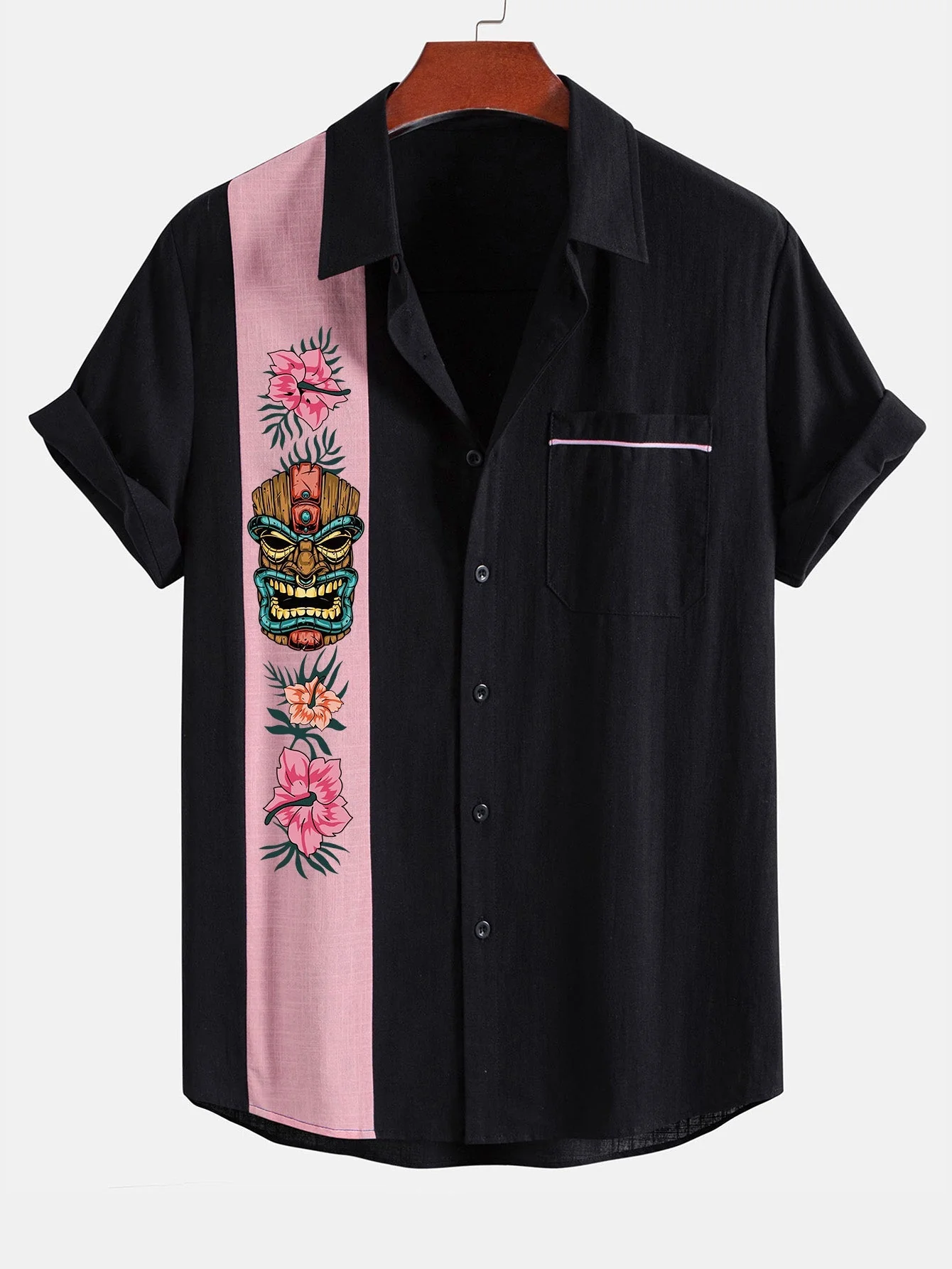 Lázaro® | Tiki Tribe Hawaii Print Linen Look Contrast Button Up Shirt - Image 6