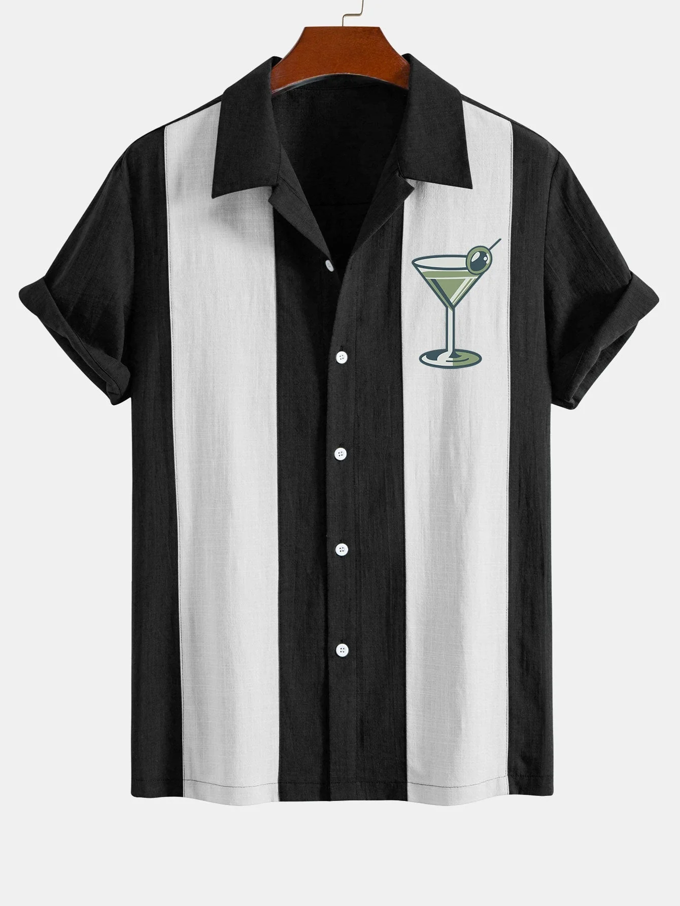 Leandro® | Vintage Martini Cocktail Print Linen Look Patchwork Bowling Shirt - Image 2