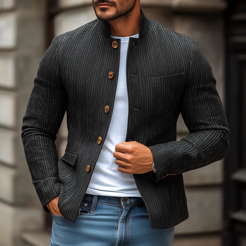 Lee | Men'S Stylish Linen Striped Stand Collar Single Breasted Slim Short Blazer - Image 2