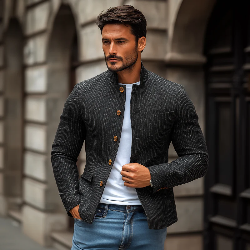 Lee | Men'S Stylish Linen Striped Stand Collar Single Breasted Slim Short Blazer - Image 3