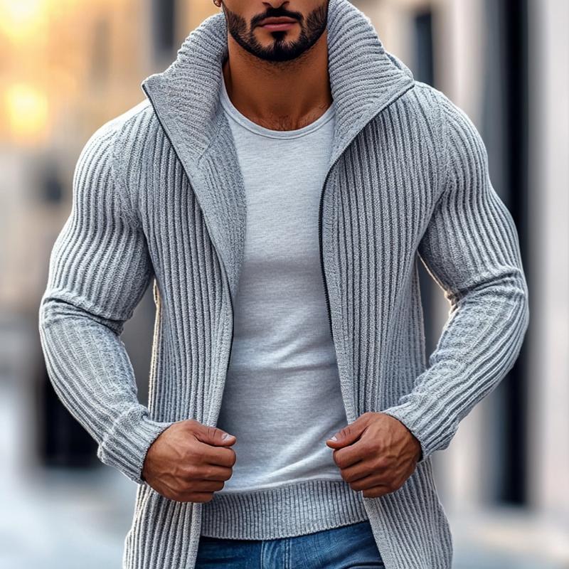 Len | Modern knitted cardigan with stand-up collar and striped pattern - Image 10