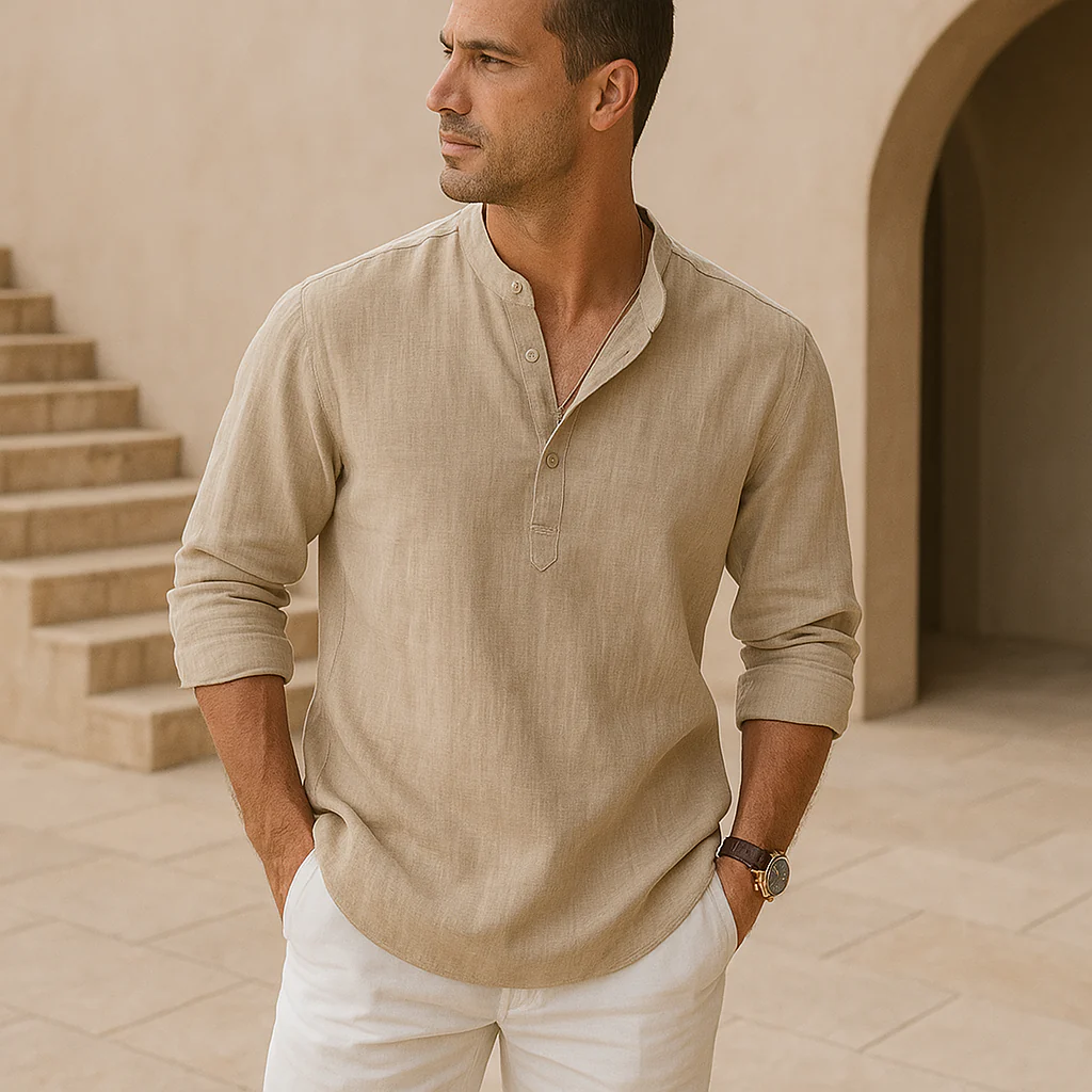Lenoir™ - Linen-effect cotton Henley shirt - Image 3