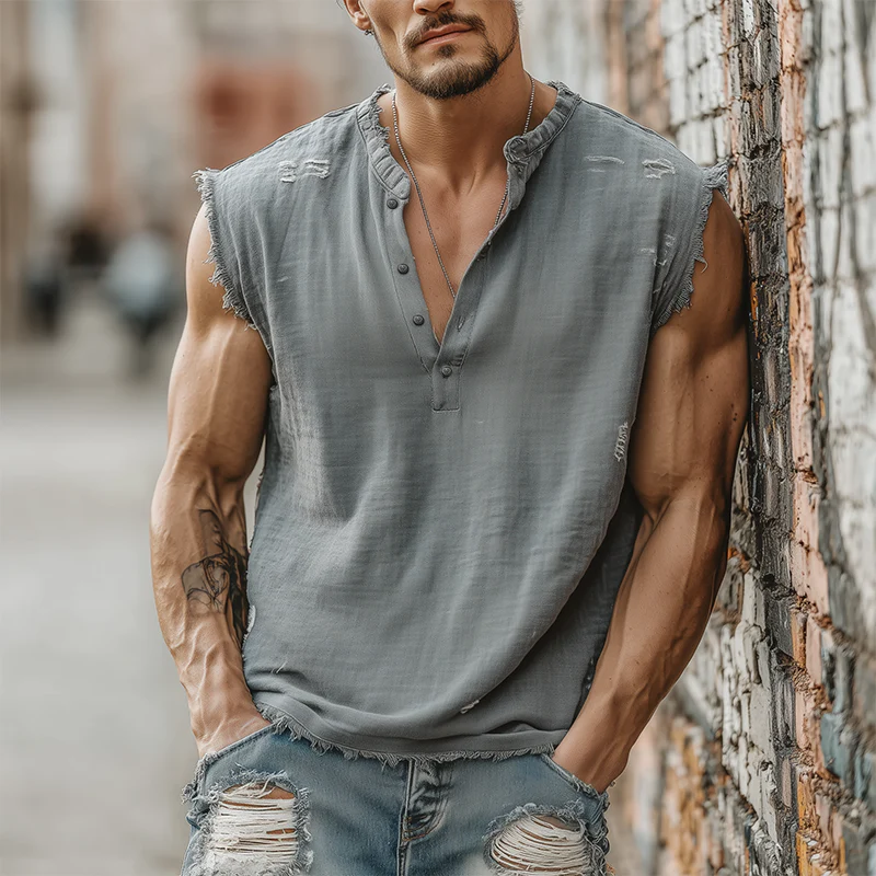 Leo | Men'S Summer Casual Tough Style Henley Collar Cotton Blended Raw Edge Ripped Tank Top - Image 2